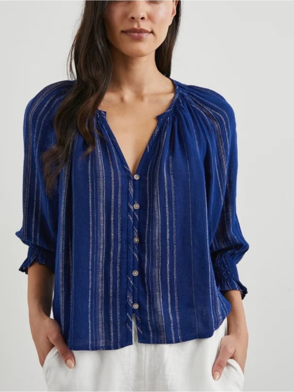 Rails The Mariah Blouse, Blue Striped Button-Down, Long Sleeve, Linen Blend, M